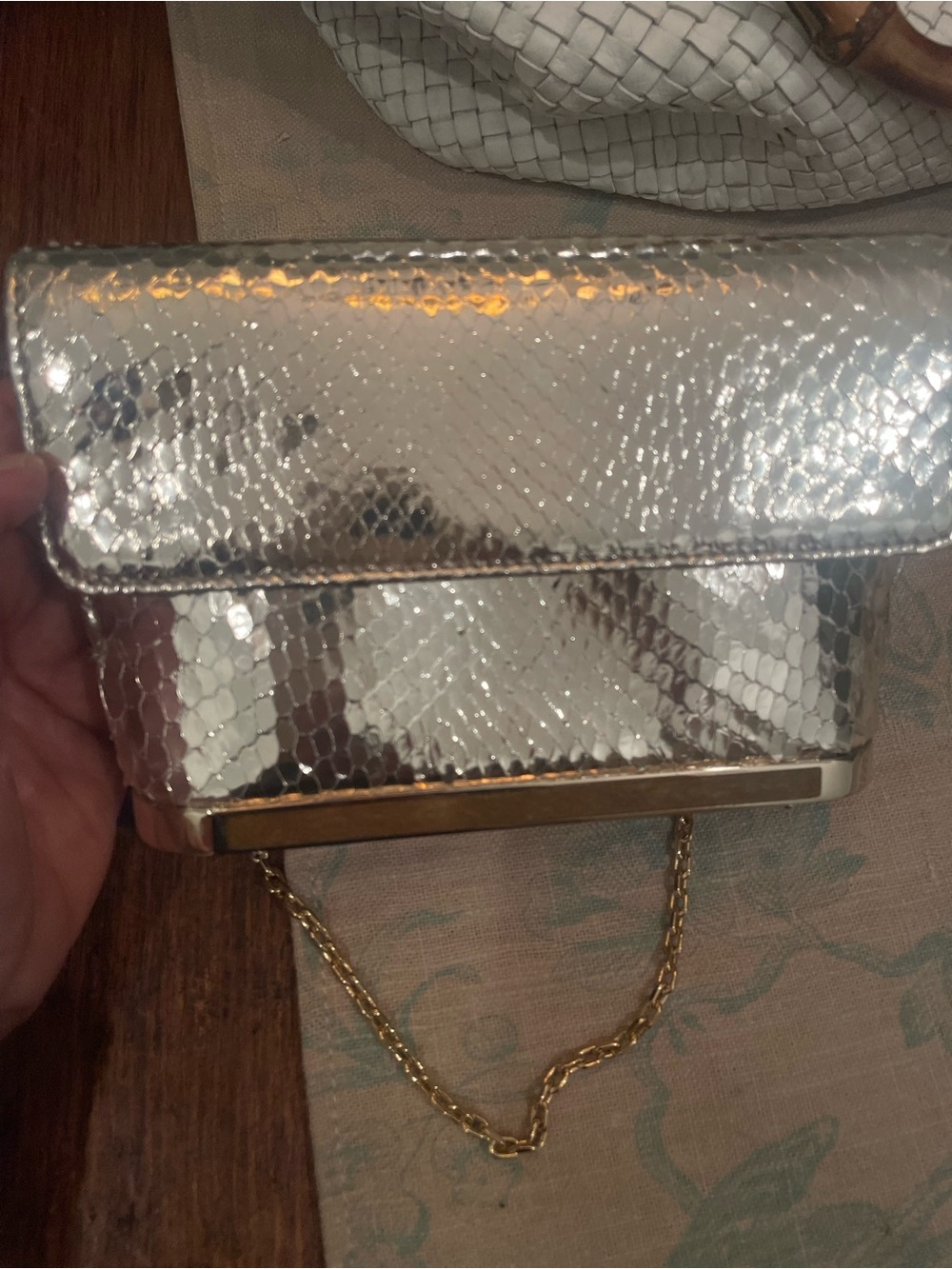 Judith Leiber Silver Metallic Snake-Texture Clutch with Gold Chain